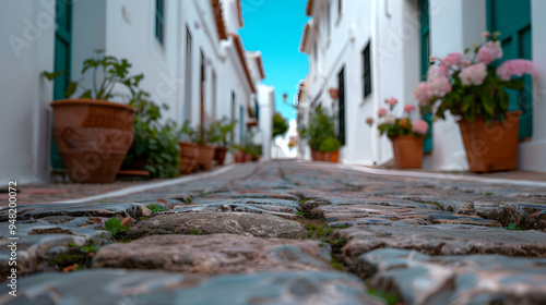 Fototapeta Naklejka Na Ścianę i Meble -  Narrow Alley Way With White Walls And Cobbleston