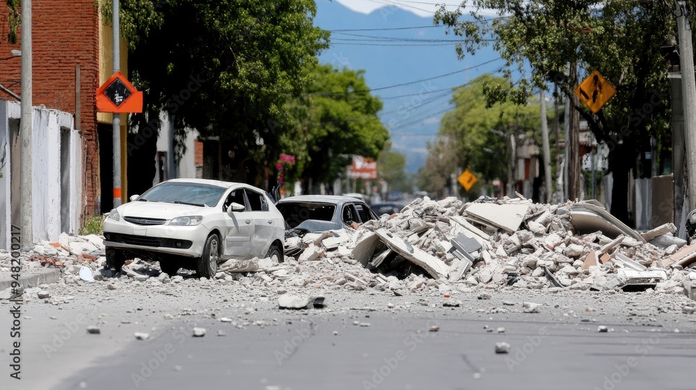 Fototapeta premium The corner wall of a building lies collapsed amid rubble and debris in the city center, showcasing severe earthquake damage to Mexican-style architecture