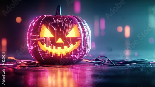 Wallpaper Mural A spooky, glowing pumpkin with a digital design perfect for Halloween themes, technology, and festive decorations. Torontodigital.ca