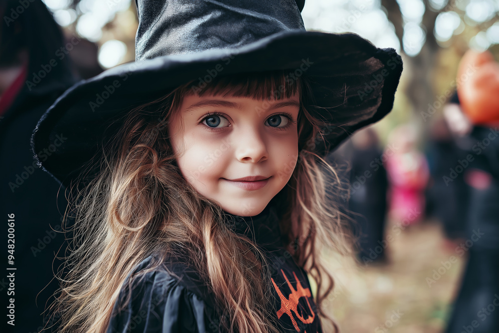 A young girl with long hair wearing a black witch hat, smiling joyfully at an outdoor festive gathering surrounded by people. A young girl with long hair wearing a black witch hat, smiling joyfully at an outdoor festive gathering surrounded by people.