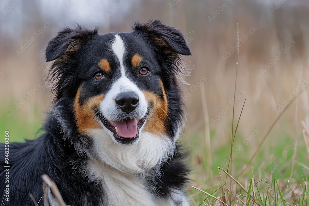 A happy dog enjoying the outdoors, standing on green grass with a blurred background, exuding joy and contentment. A happy dog enjoying the outdoors, standing on green grass with a blurred background, exuding joy and contentment.