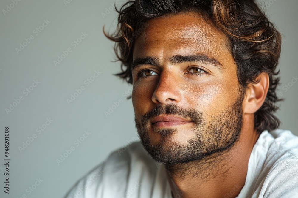 Handsome Hispanic Man in Casual Attire with Confident Smile and Relaxed Side Profile Pose Handsome Hispanic Man in Casual Attire with Confident Smile and Relaxed Side Profile Pose