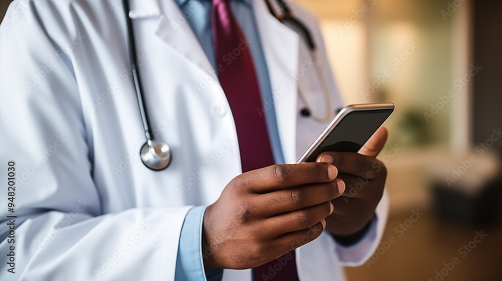 A medical professional in a white lab coat is intently using a smartphone in a well-lit office. The doctor's stethoscope hangs around their neck, indicating an active healthcare setting. A medical professional in a white lab coat is intently using a smartphone in a well-lit office. The doctor's stethoscope hangs around their neck, indicating an active healthcare setting.