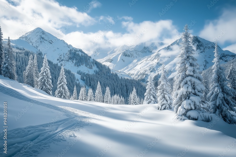 A breathtaking mountain landscape covered in snow, surrounded by tall pine trees under a clear blue sky. A breathtaking mountain landscape covered in snow, surrounded by tall pine trees under a clear blue sky.