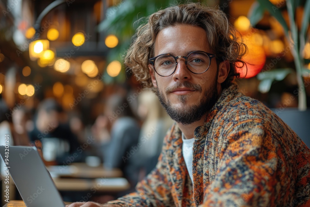 Handsome IT Developer in Casual Wear, Eyeglasses, Typing on Laptop at Cafe, Exploring Programming