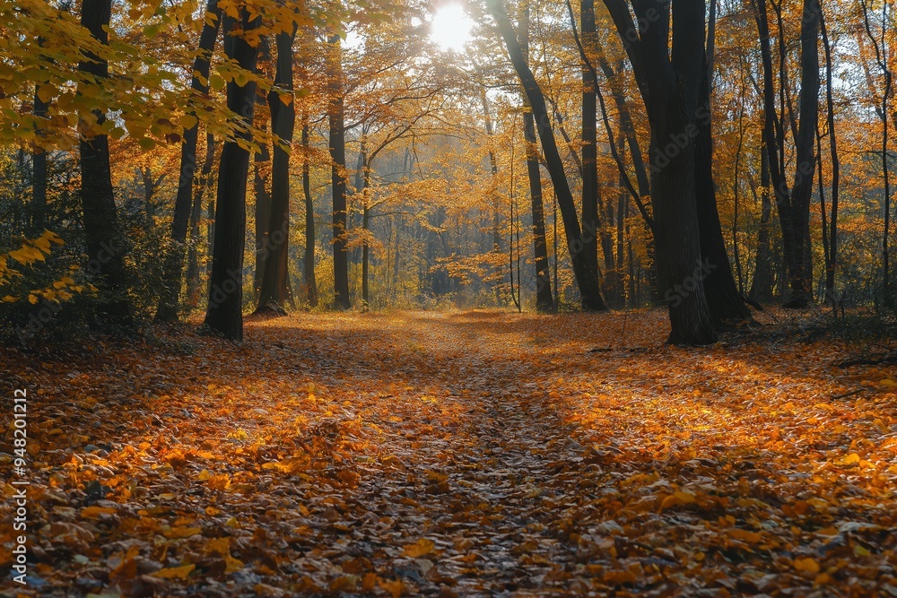 Fototapeta premium A serene forest pathway, covered with fallen autumn leaves and bathed in the warm, golden glow of the setting sun.