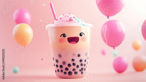 A smiling cartoon bubble tea floating with balloons, and boba pearls holding onto the strings.