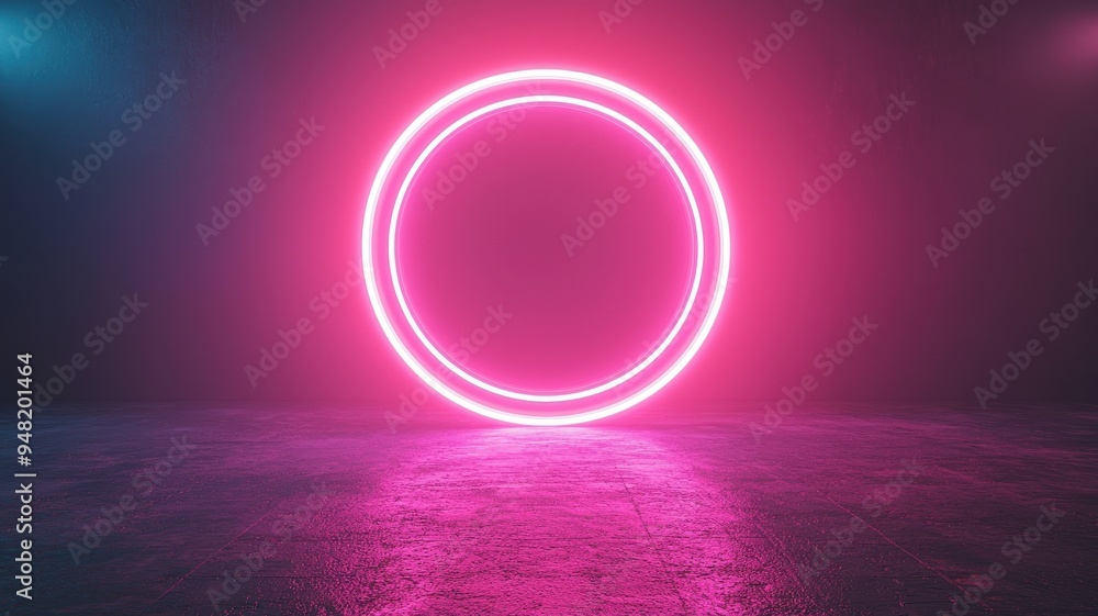A vibrant neon circle glowing in a dark room, creating a captivating and modern atmosphere for artistic presentations. A vibrant neon circle glowing in a dark room, creating a captivating and modern atmosphere for artistic presentations.
