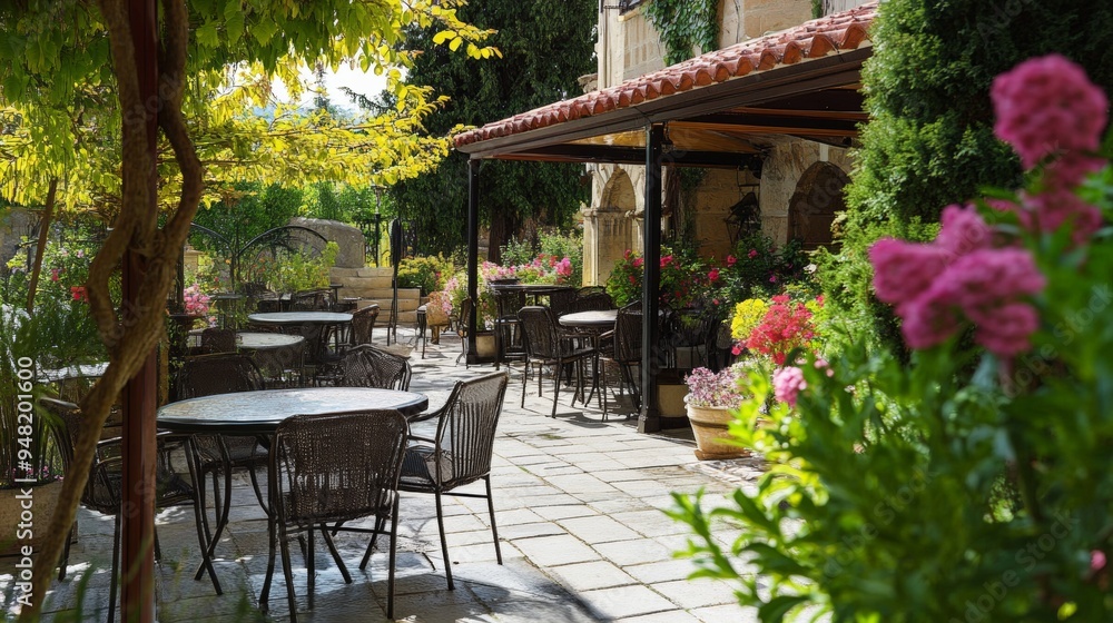 Fototapeta premium Cozy outdoor garden café with wicker furniture, surrounded by lush greenery and vibrant flowers, perfect for a peaceful afternoon.