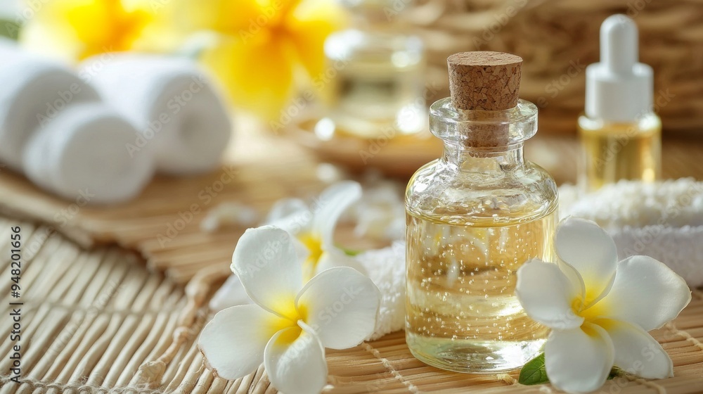 Glass bottle of essential oil with white plumeria flowers on a bamboo mat, evoking a serene spa atmosphere. Glass bottle of essential oil with white plumeria flowers on a bamboo mat, evoking a serene spa atmosphere.