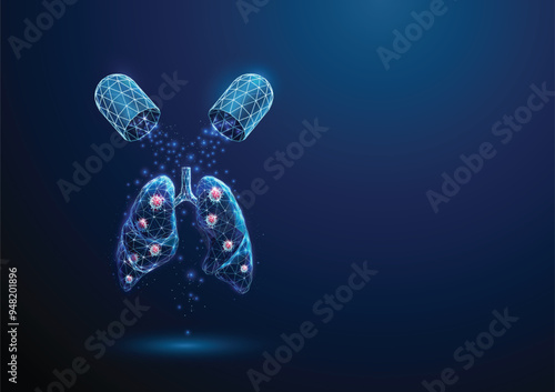 Abstract opened blue medical drug capsule with falling particles, human lungs with red viruses inside. Healthcare medical pharmacy concept