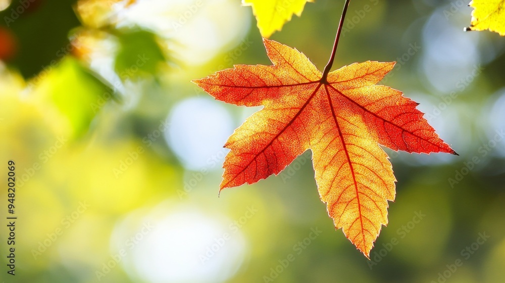 A single vibrant autumn leaf backlit by sunlight, with a blurred bokeh background, highlighting the intricate details of the leaf's structure. A single vibrant autumn leaf backlit by sunlight, with a blurred bokeh background, highlighting the intricate details of the leaf's structure.