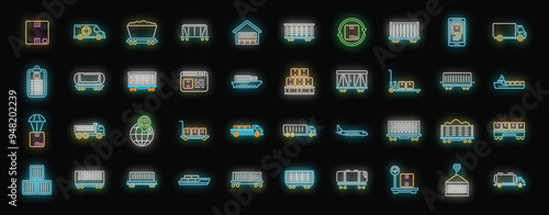 Glowing neon icon set representing various aspects of logistics, including freight transport, warehouse operations, delivery services, cargo transportation, and logistics management