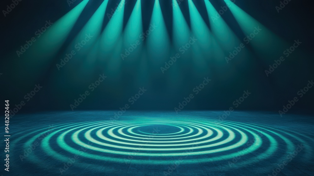 Fototapeta premium Dramatic teal spotlight illuminating concentric circles on a dark stage, creating a captivating atmosphere for creative projects.