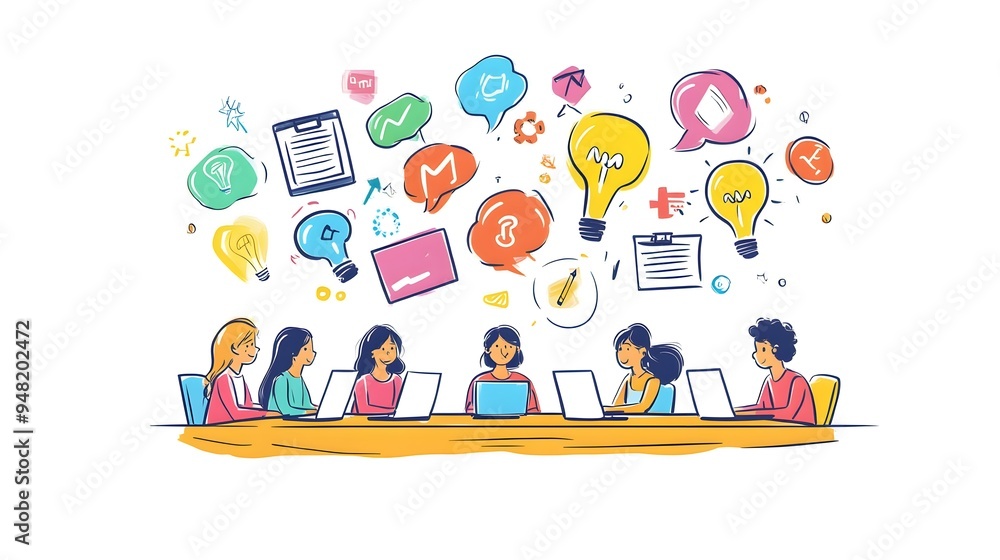 Students sitting around an office table, their laptops and digital devices in front of them, doodle style Students sitting around an office table, their laptops and digital devices in front of them, doodle style