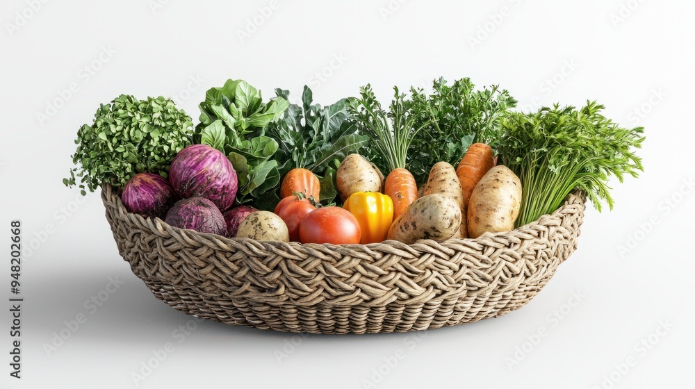 Vibrant Organic Vegetable Basket with Roots and Greens, Realistic 3D Illustration of Fresh Produce for Farming Concept Vibrant Organic Vegetable Basket with Roots and Greens, Realistic 3D Illustration of Fresh Produce for Farming Concept