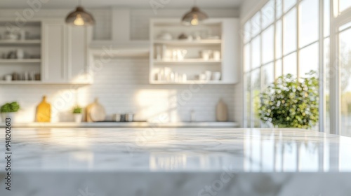 Fototapeta Naklejka Na Ścianę i Meble -  In a modern kitchen, a large marble countertop is central, enhanced by bright lighting that highlights its elegant and functional design, all set against a softly blurred backdrop for extra charm