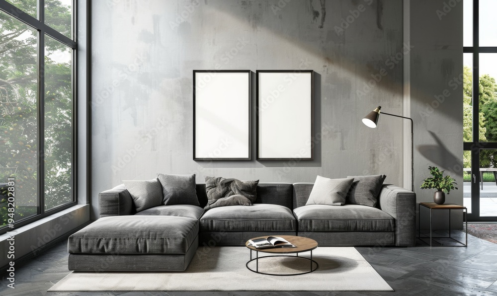 Fototapeta premium beautiful interior design furniture with mockup poster artwork with border frame interior house template for your design clean minimalist style decoration home interior background ideas