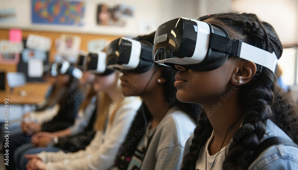 Group of students wearing VR headsets in a classroom, representing immersive education, virtual learning, and technology integration Group of students wearing VR headsets in a classroom, representing immersive education, virtual learning, and technology integration