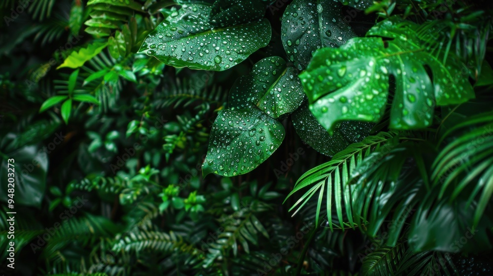 Fototapeta premium Green Lush Foliage with Dew Drops
