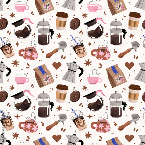 Coffee seamless pattern Kettles, arabica coffee, cup, espresso, cappuccino, beans. Doodle minimalist flat clip art. Perfect for coffee shop adds design.