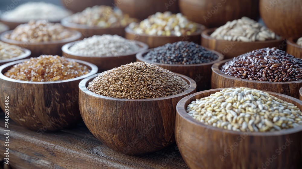 Vibrant Organic Grains Displayed in Wooden Bowls - 3D Render Illustration of Assorted Healthy Ingredients Vibrant Organic Grains Displayed in Wooden Bowls - 3D Render Illustration of Assorted Healthy Ingredients