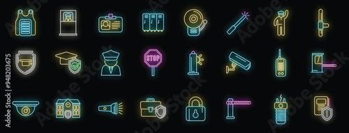 Security guard protecting providing safety service neon icon set on black background