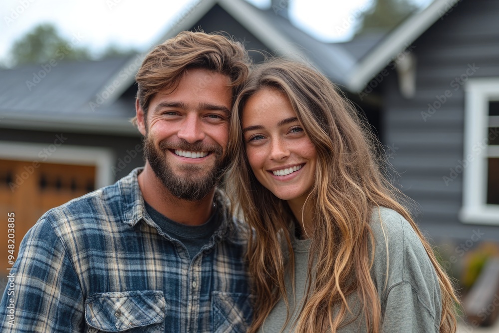 Joyful Couple Standing Proudly in Front of Their Beautiful New Home, Celebrating a Fresh Start Joyful Couple Standing Proudly in Front of Their Beautiful New Home, Celebrating a Fresh Start