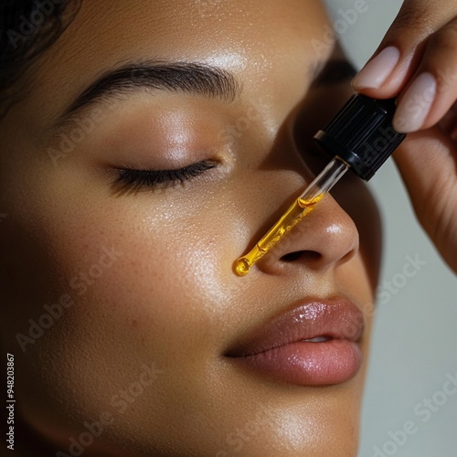 Close-up of a girl's face, applying facial serum with a dropper to her skin