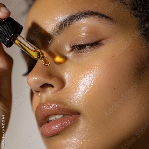 Close-up of a girl's face, applying facial serum with a dropper to her skin