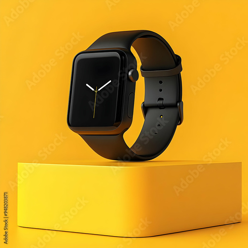 Modern smartwatch on a vibrant yellow background, showcasing sleek design and technology for fitness and notifications. photo