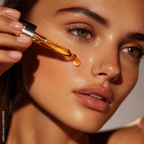 Close-up of a girl's face, applying facial serum with a dropper to her skin