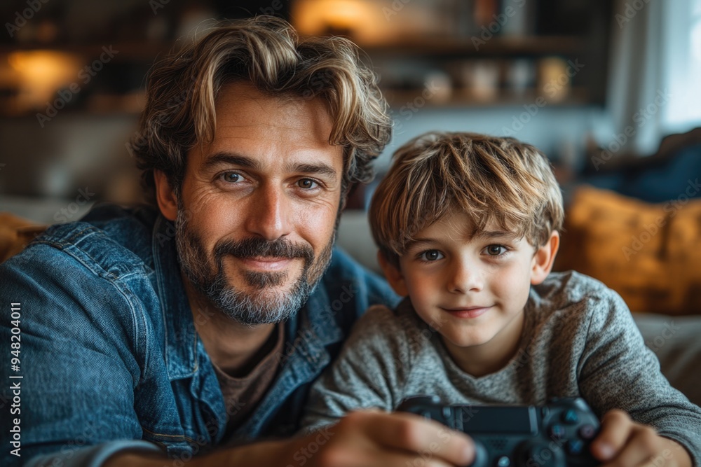Father and Son Enjoying Quality Time with Video Games on the Sofa: Fun Bonding at Home Father and Son Enjoying Quality Time with Video Games on the Sofa: Fun Bonding at Home