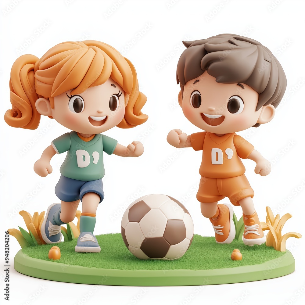 Children playing football in the yard Cartoon Clay Illustration, 3D Icon, Isolated on white background Children playing football in the yard Cartoon Clay Illustration, 3D Icon, Isolated on white background