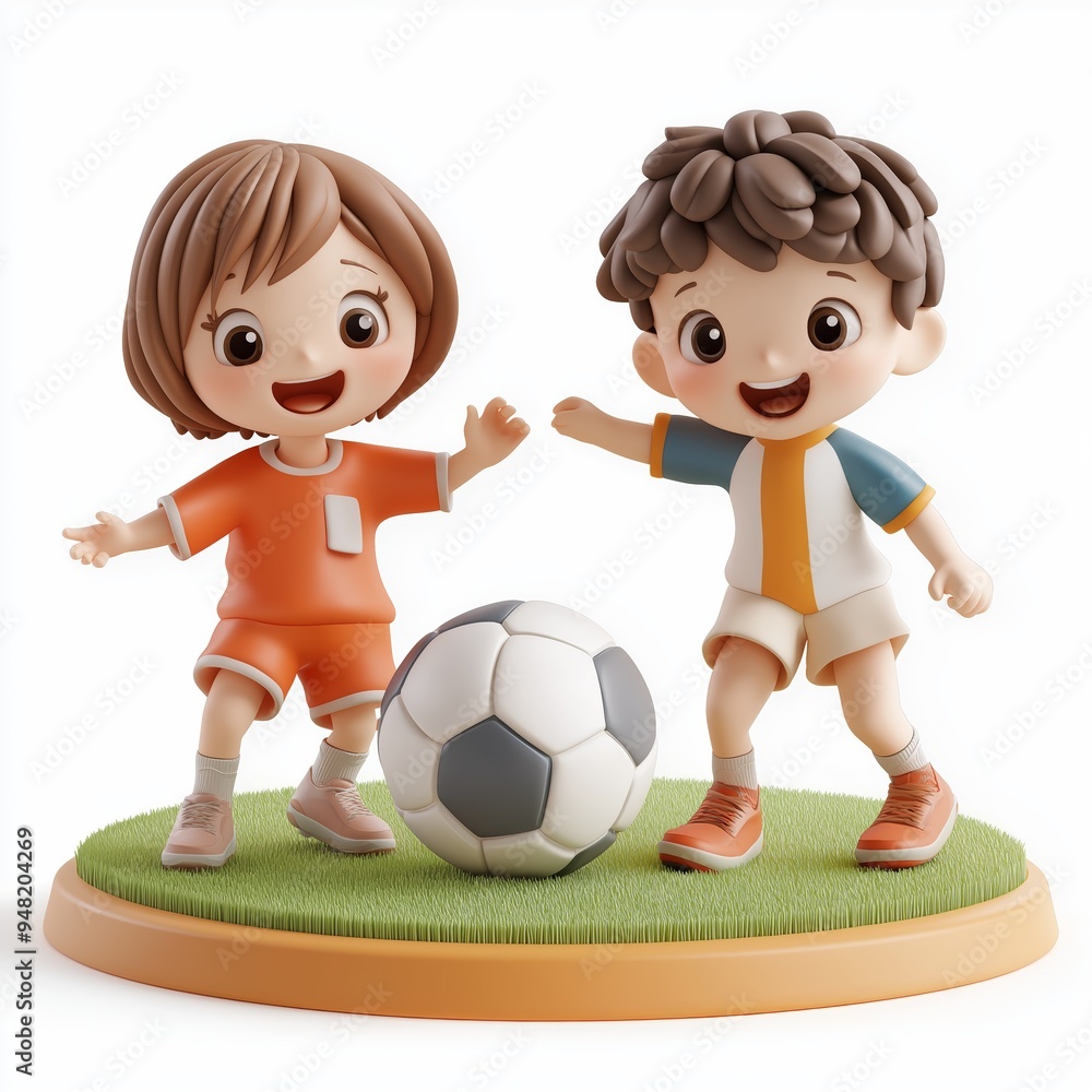 Children playing football in the yard Cartoon Clay Illustration, 3D Icon, Isolated on white background Children playing football in the yard Cartoon Clay Illustration, 3D Icon, Isolated on white background