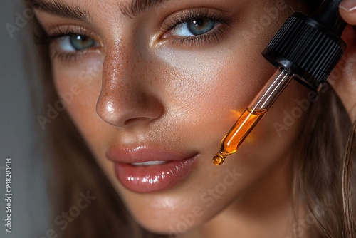 Close-up of a girl's face, applying facial serum with a dropper to her skin