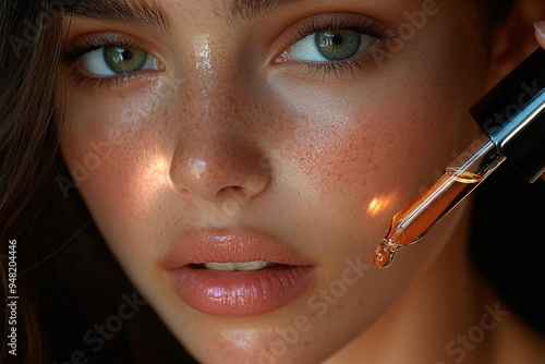 Close-up of a girl's face, applying facial serum with a dropper to her skin
