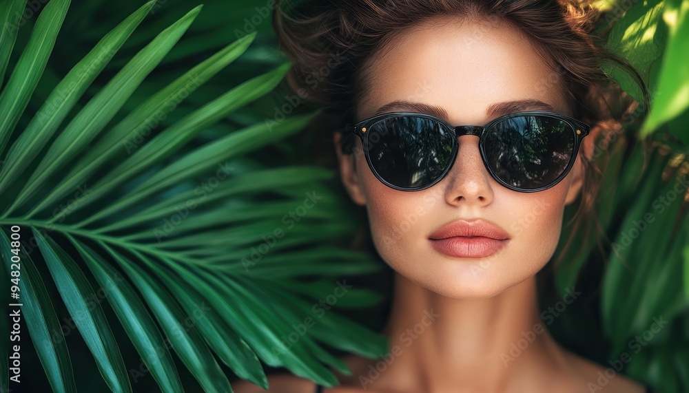 Fashionable Sunglasses Portrait in Lush Jungle Setting, A Captivating Blend of Style and Natural Beauty This Striking Image Captures the Essence of Summer Glamour, With Chic Sunglasses Accenting the Fashionable Sunglasses Portrait in Lush Jungle Setting, A Captivating Blend of Style and Natural Beauty This Striking Image Captures the Essence of Summer Glamour, With Chic Sunglasses Accenting the