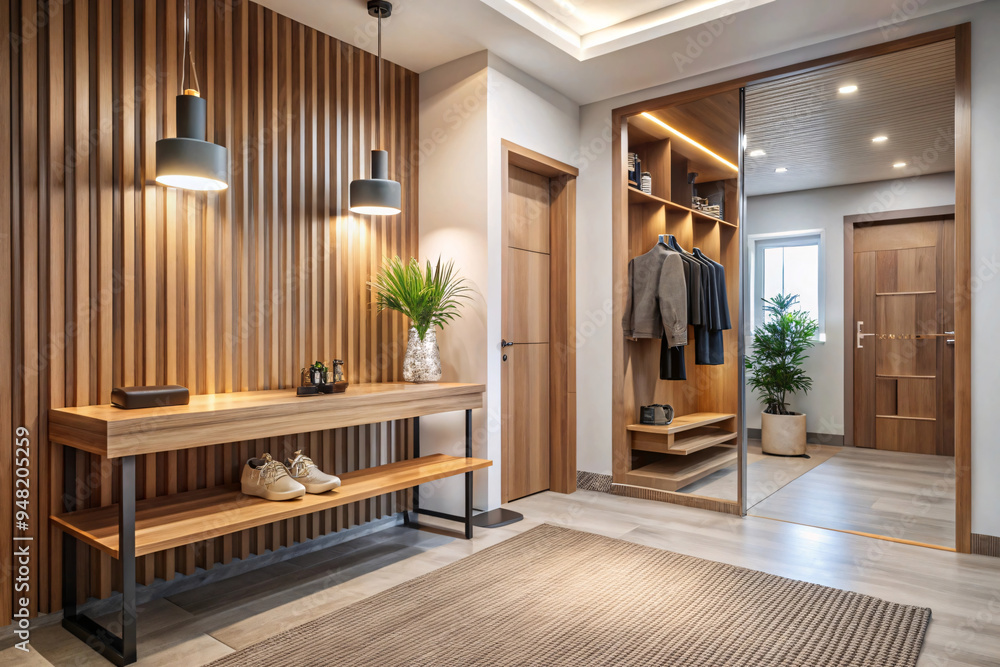 Elegant entrance with wooden elements, a spacious bench, and hanging storage. Plants and decorative lighting add warmth, making the space inviting and modern Elegant entrance with wooden elements, a spacious bench, and hanging storage. Plants and decorative lighting add warmth, making the space inviting and modern