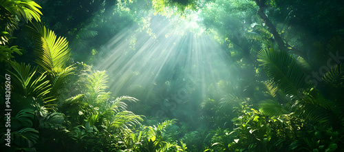 A serene jungle scene with rays of sunlight filtering through lush green foliage, creating a tranquil and vibrant atmosphere. photo