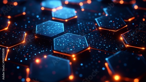 A close-up view of a futuristic hexagonal grid, illuminated with neon blue and orange lights, symbolizing digital connectivity.