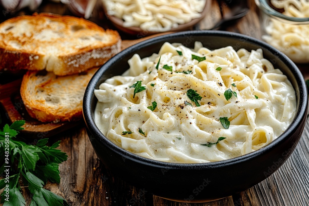 Creamy pasta dish served in a bowl, accompanied by toasted bread and herbs. Creamy pasta dish served in a bowl, accompanied by toasted bread and herbs.