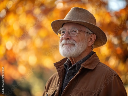 Senior Man Embracing the Tranquility of Autumn, A Moment of Peace in Nature's Embrace, Golden Leaves, Serene Landscape, Peaceful Retirement, Fall Colors, Senior Lifestyle, Autumnal Beauty, Nature photo