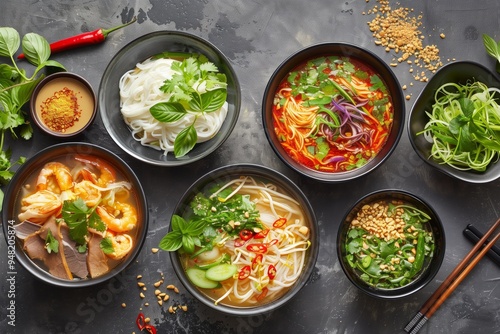 Wallpaper Mural Delicious bowls of fresh Vietnamese noodle soup served with vegetables, herbs, and shrimp on a rustic table Torontodigital.ca