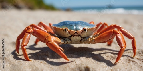 Colorful crab on a sunny tropical beach with clear blue sky. photo