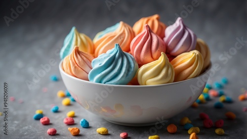 Colorful Meringue Cookies in a Bowl with Sprinkles.