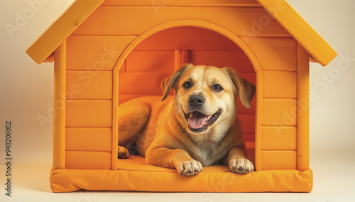 Lovely puppy snuggled up in its warm and safe pet house. Which pet house to choose and buy photo