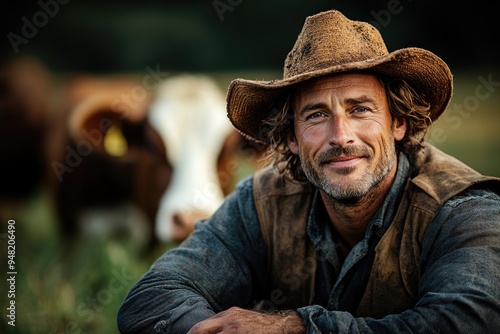 Portrait of a Happy Farmer with Cow: Sustainable Agriculture and Fresh Milk Production