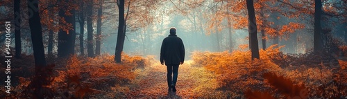 Solitude in Autumn Senior Man Walking Through Tranquil Forest, Enjoying Nature's Beauty and the Serene Atmosphere of the Season