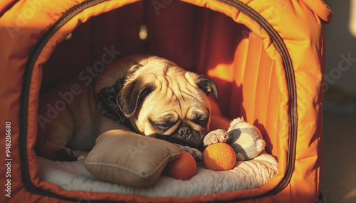 Sweet little dog relaxing inside its cozy pet house. Which pet house to choose and buy photo